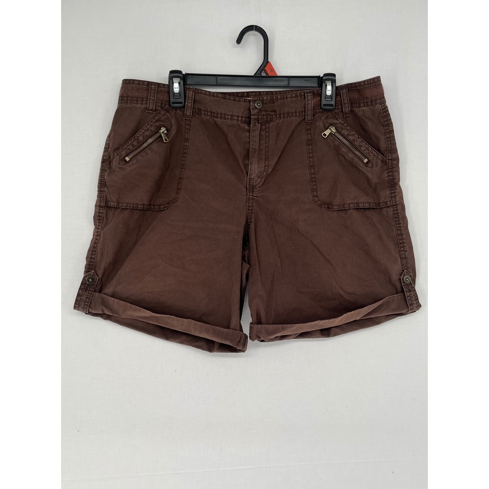 RuffHewn Womens Brown Cotton Cargo Utility Shorts Size 14 Cuffed Zipper Pockets